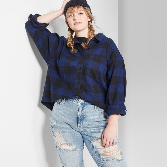 SOLD OUT Navy Blue Plaid Flannel Button-Down Shirt - Picture 2 of 5